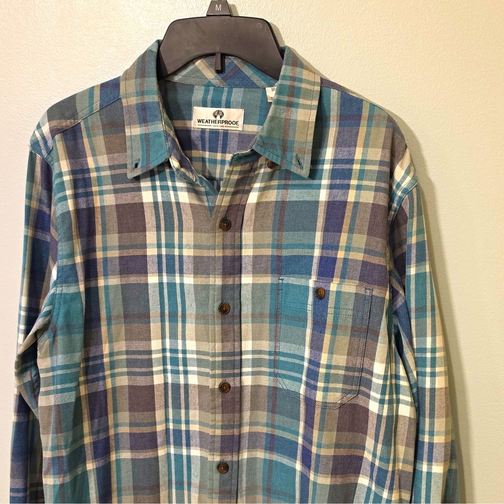 Weatherproof Men's Flannel Plaid LS Button-Up Pockets M Blue/Gray/Beige #289